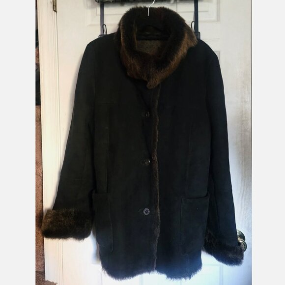 Shearling Sheepskin Wool Fur Coat Jacket Black Women L 40 Overcoat Pea Coat - Picture 1 of 15